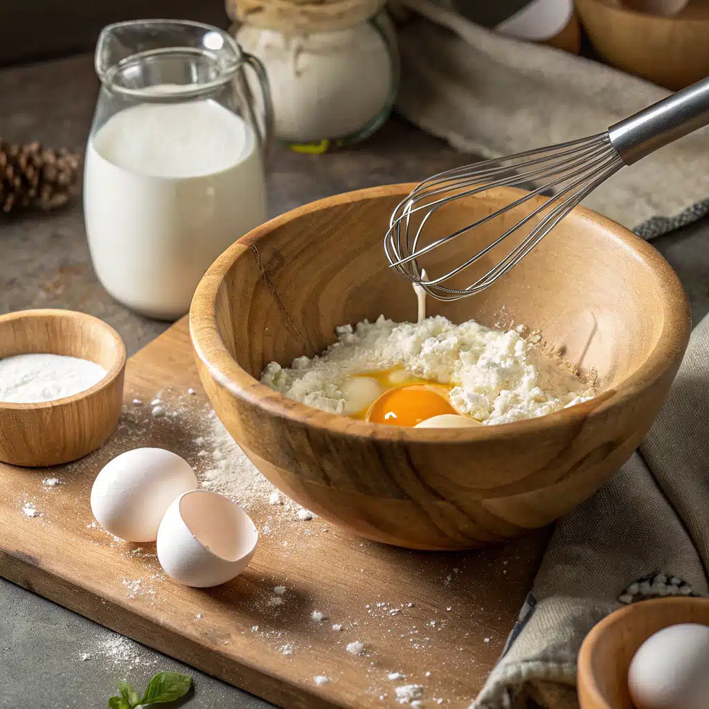 Overhead view of whisk blending eggs, cottage cheese, milk, vanilla and coconut oil in a bowl for cottage cheese oat muffins