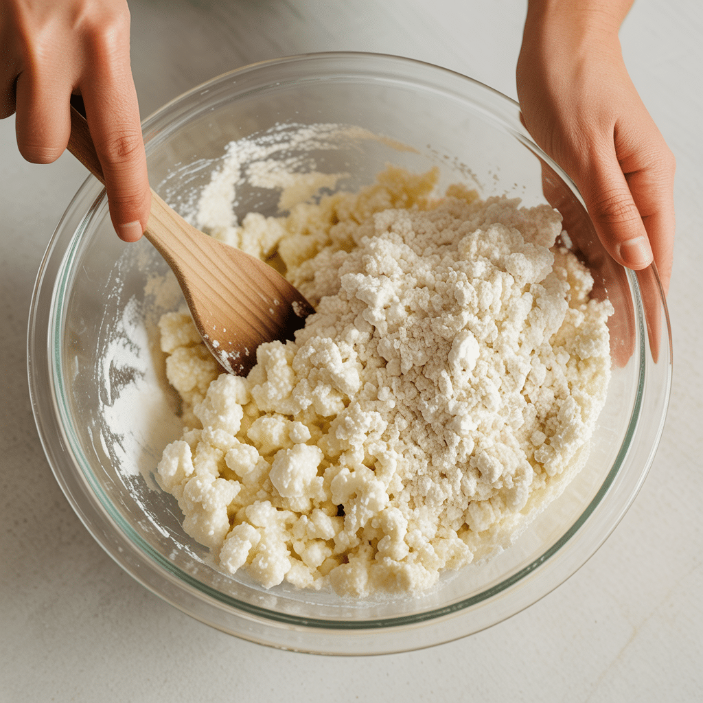 Mixing cottage cheese and flour for flatbread