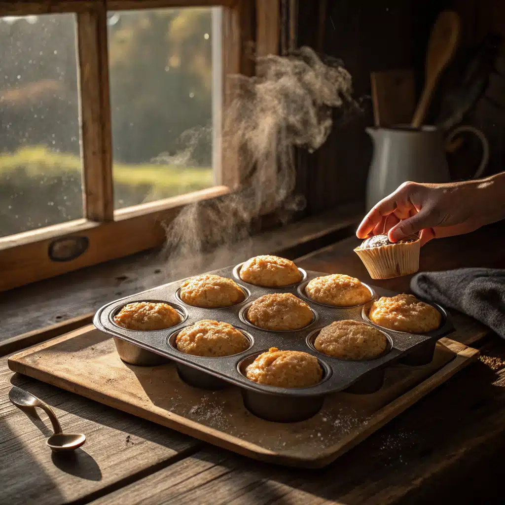 Golden cottage cheese oat muffins fresh from the oven in a muffin tin on a wooden countertop