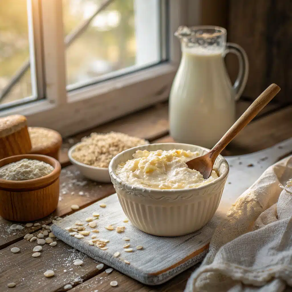 A bowl of creamy cottage cheese oat muffins batter being gently stirred on a wooden table