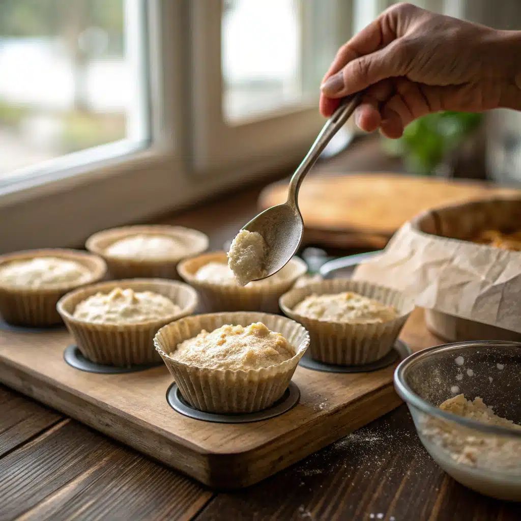 Hand spooning cottage cheese oat muffins batter into parchment-lined muffin cups on a wooden countertop.
