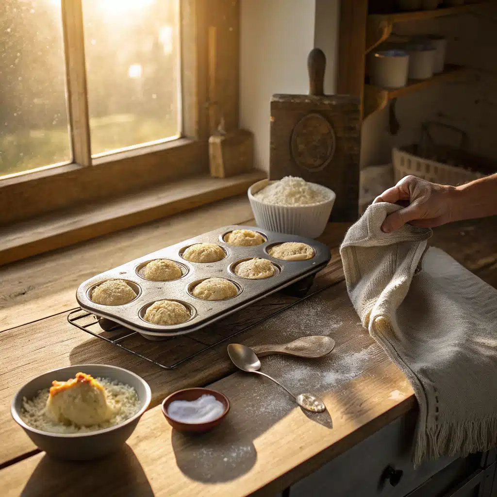 A hand placing a tray of cottage cheese oat muffins into a preheated oven at 375°F in a cozy kitchen.