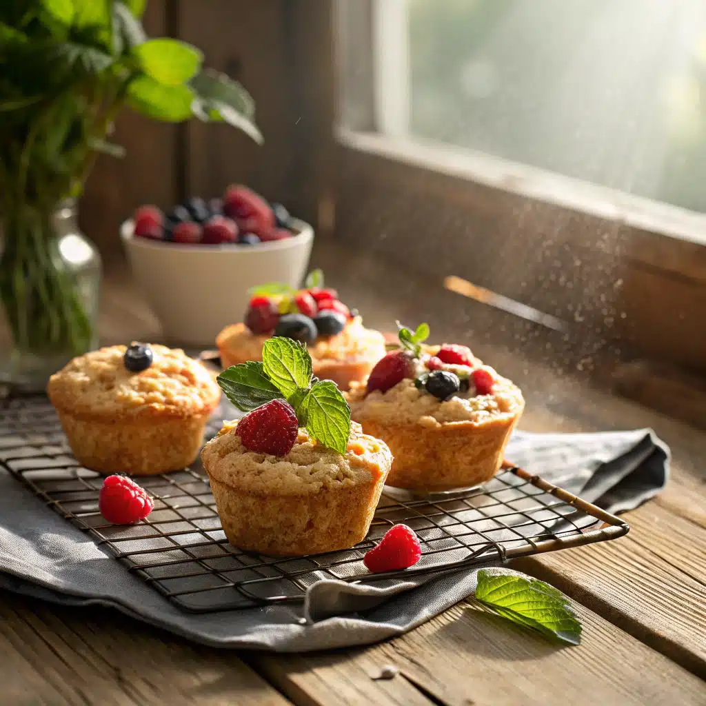Golden cottage cheese oat muffins cooling on a wire rack topped with fresh berries and mint
