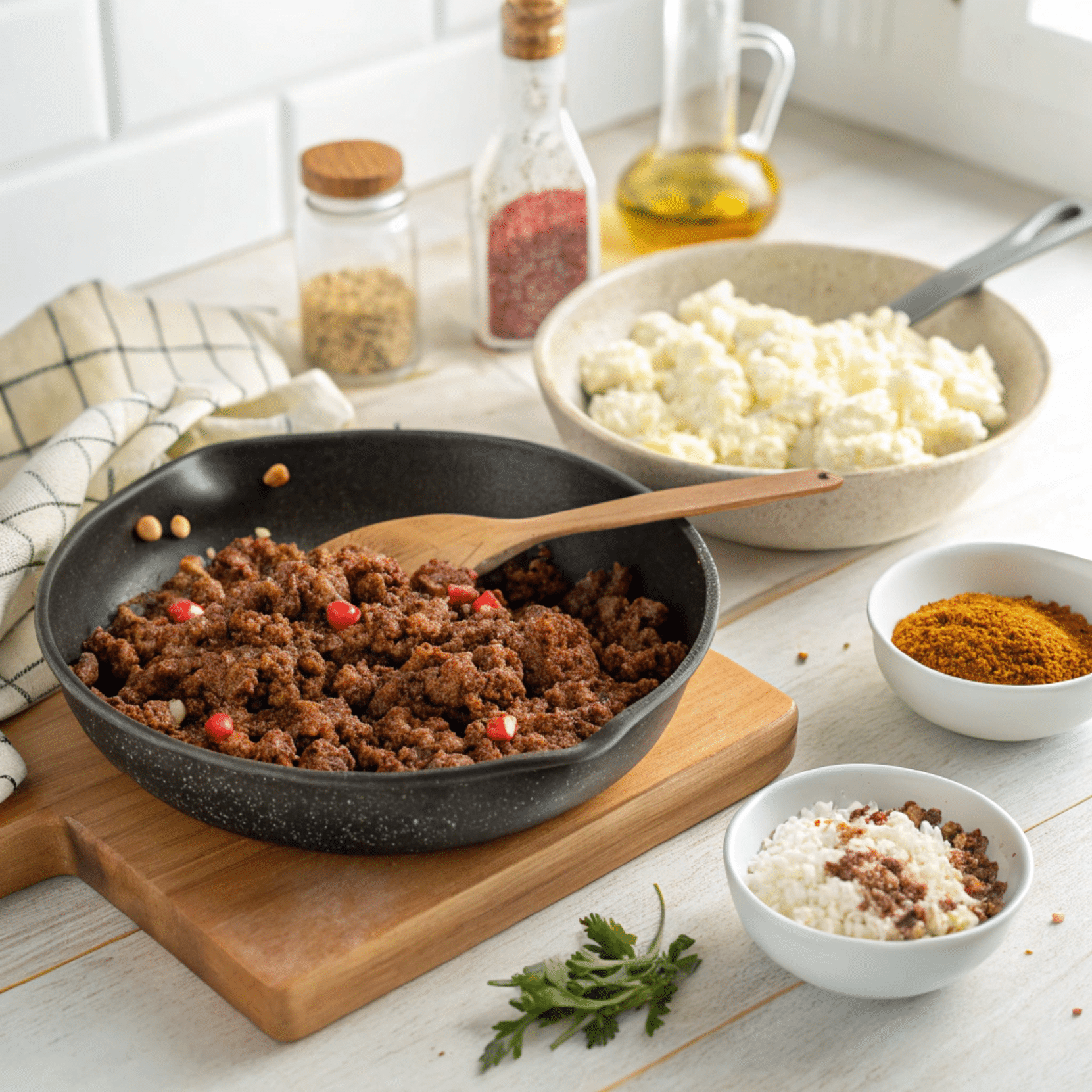 ground beef cottage cheese bowl cooking step