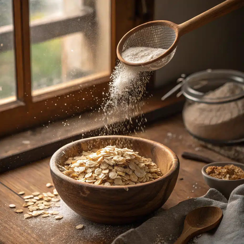 Mixing dry ingredients for cottage cheese oat muffins in a rustic bowl