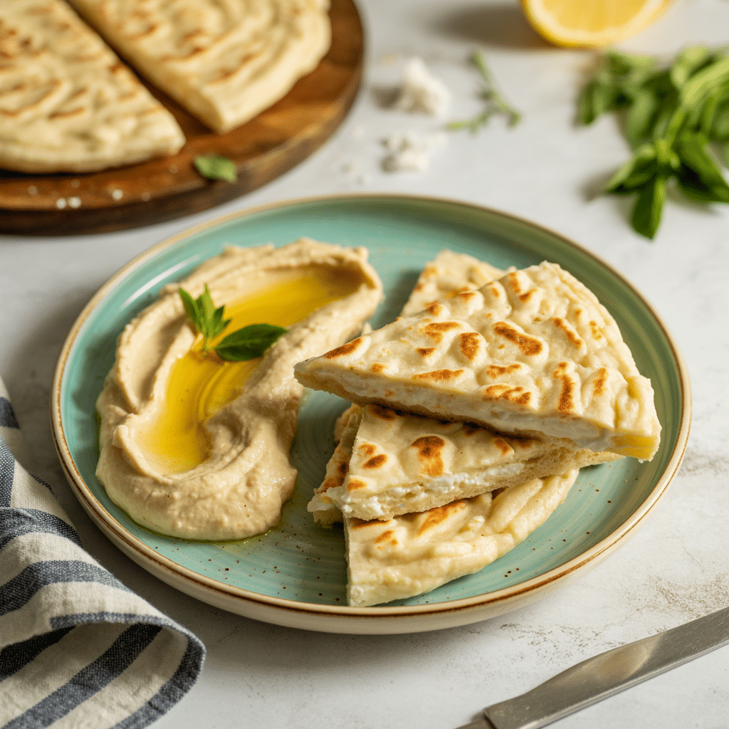 Serving cottage cheese 2 ingredient flatbread with hummus